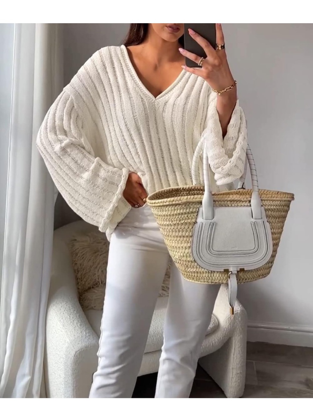 Cream V-Neck Cable Knit Sweater
